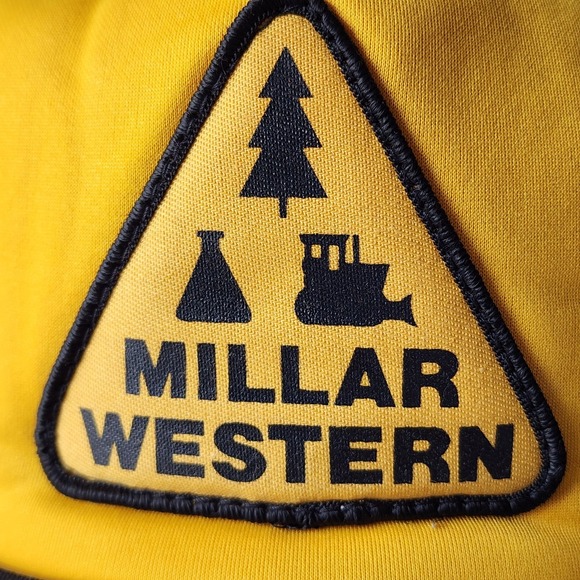 Vintage Millar Western Trucker Hat Snap Back Cap Patch Forest Products Yellow - Picture 2 of 10